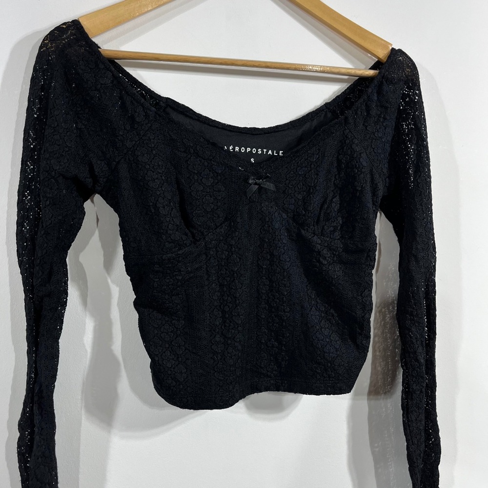 Aeropostale Y2K Dark Coquette Milkmaid Babydoll Crop Top Bow Small Dirndl Black